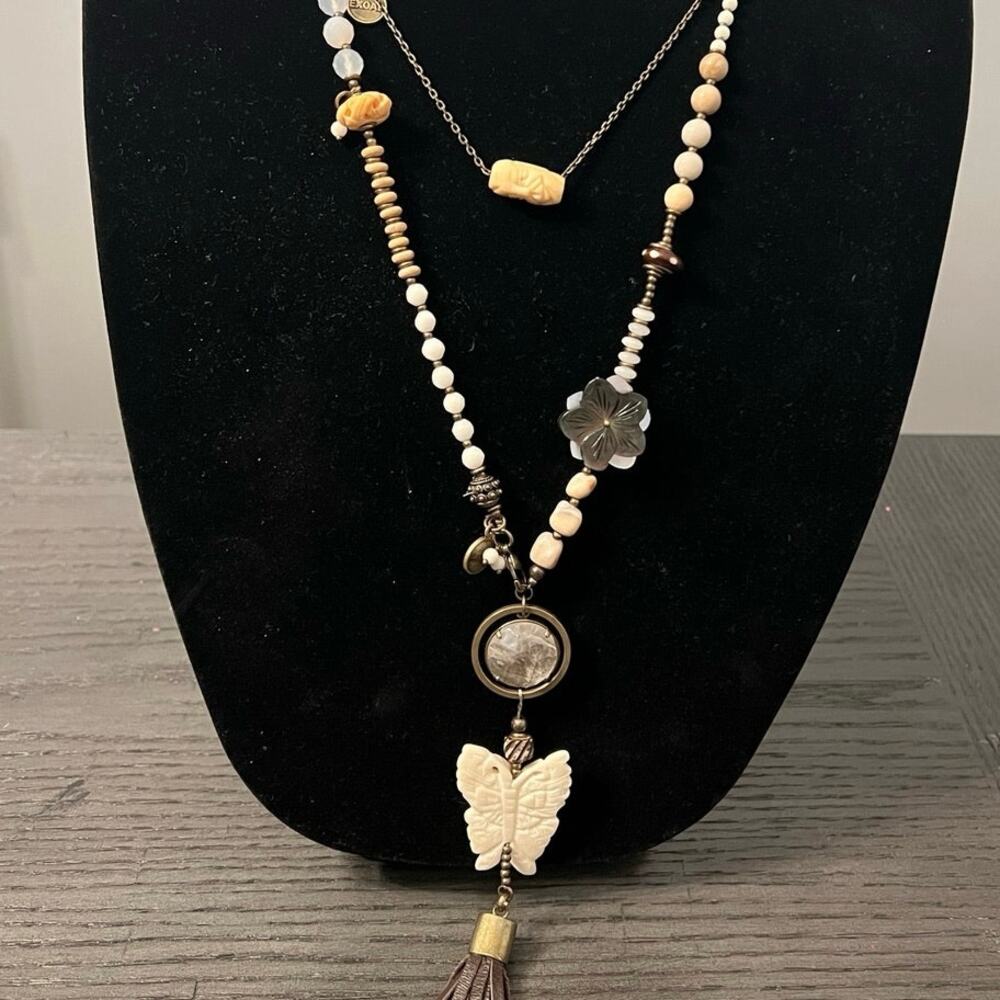Exoal gemstone carved shell unique layered boho statement necklace face flower